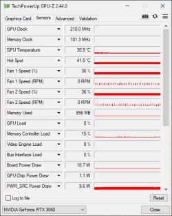 Zrzut ekranu z programu GPU-Z pokazujący temperatury i obroty wentylatorów RTX 3060