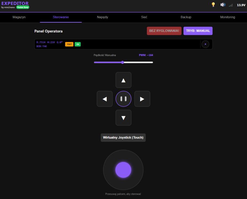 Screenshot of EXPEDITOR “Control” web panel with direction buttons, PWM slider, and virtual touch joystick