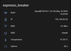 Status panel of espresso_breaker device showing firmware version, IP address, Wi-Fi signal, SSID, temperature, and uptime.
