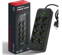 Czarna listwa zasilająca LEDLUX z ośmioma gniazdami oraz pięcioma portami USB, widoczna obok oryginalnego opakowania.