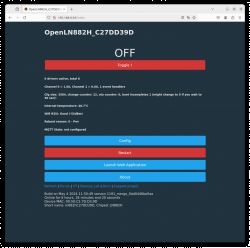 Control panel screen for OpenLN882H showing status OFF with options for configuration and restart.
