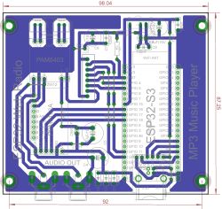 PCB layout with ESP32-S3, PAM8403 audio amp, and 98.04 x 87.25 mm dimensions