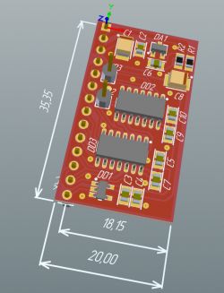 3D-Modell einer roten Leiterplatte mit Komponenten und Abmessungen.