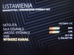 Ustawienia diagnostyki sygnału SAT z siłą i jakością na ekranie telewizora.