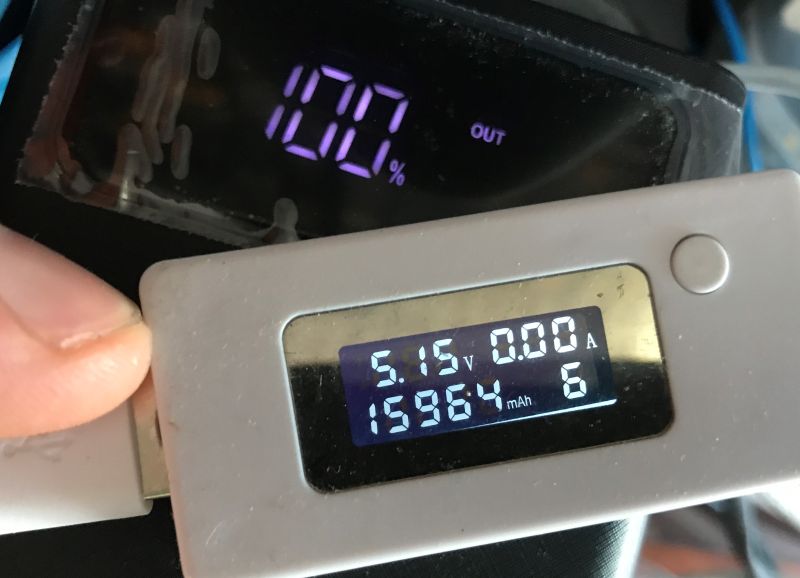 Close-up of a USB meter showing 5.15 V, 0.00 A and 15,964 mAh, with a 100% display in the background