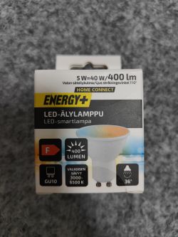 Energy+ Smart LED GU10 Box Box of Energy+ Smart LED GU10 bulb.