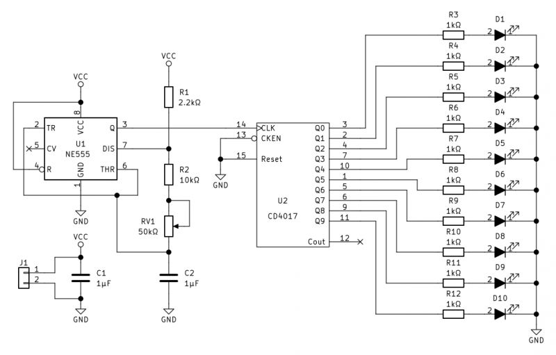 Circuit Diagram of Flowing Light with NE555 and CD4017 Electrical schematic of the NE555 and CD4017 circuit with resistors and LEDs