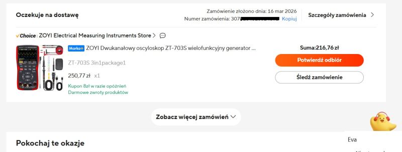 Zrzut ekranu zamówienia: ZOYI ZT-703S, suma 216,76 zł, status „Oczekuję na dostawę”.