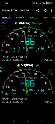 Pomiar sygnału sieci 5G NSA Orange i Nju, siła sygnału RSRP -86 dBm, jakość RSRQ -13 dB