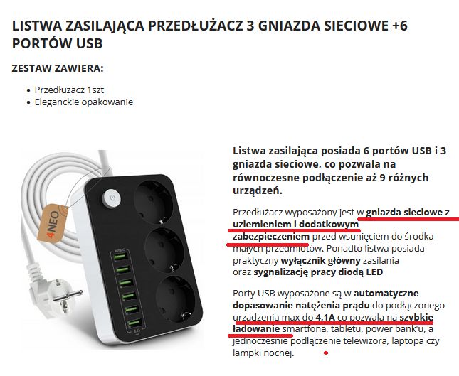 Screenshot of a listing for a power strip with 3 sockets and 6 USB ports, black housing.