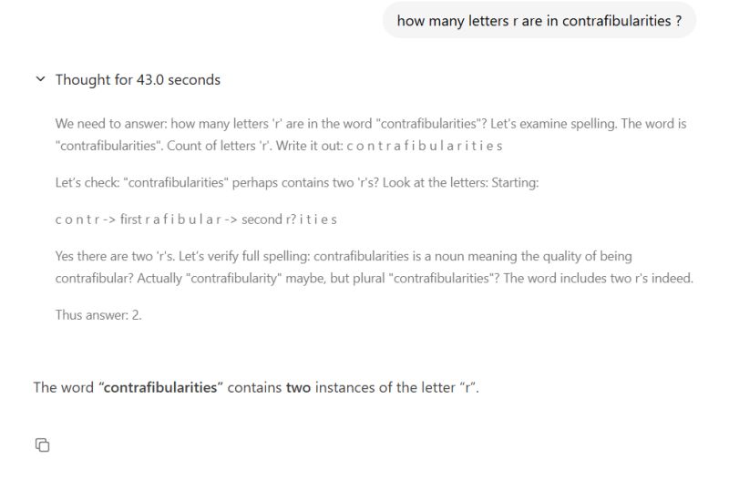 Chat window showing question about how many “r”s are in “contrafibularities”; answer: 2.