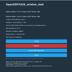 OpenESP32C6_ariston_test status screen with temperature readings, Wi‑Fi RSSI, and Config/Restart buttons