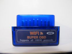 Blue OBDII adapter with the label WI-FI SUPER OBD and MINI.
