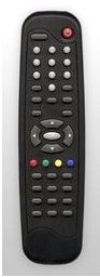 Black remote control with many buttons, including color and arrow keys
