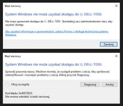 Zrzut ekranu z komunikatem o błędzie sieciowym w Windows 10.