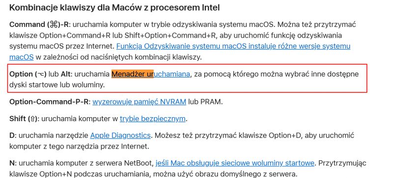 Screenshot of instructions for key combinations for Macs with Intel processors.