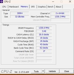 Zakładka Memory w CPU-Z pokazująca parametry RAM DDR4 32 GB przy 1330.6 MHz