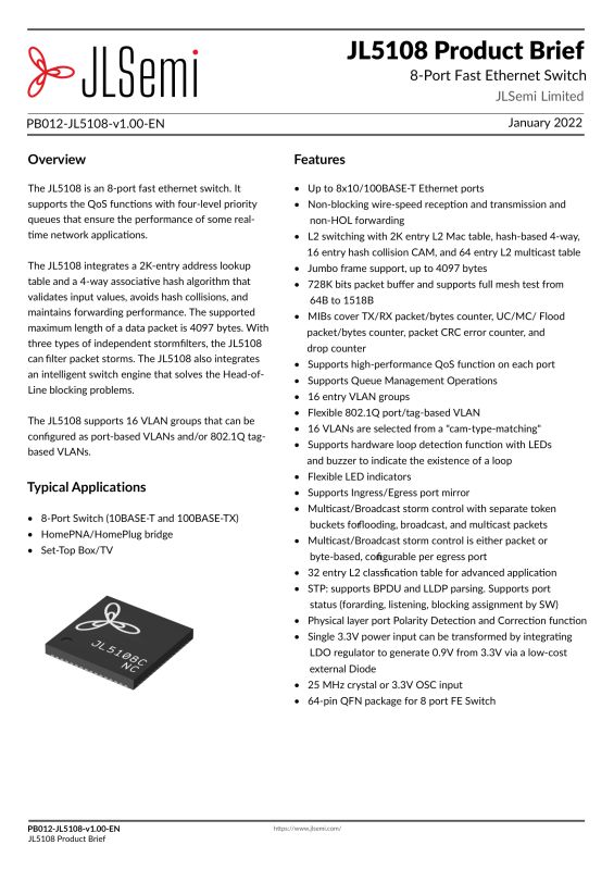 “JL5108 Product Brief” page by JLSemi with overview text and a bulleted list of Ethernet switch features