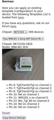 Image of a Tuya MINI-W1 3-Gang WiFi Switch MC module on a desk with visible pins and configuration labels.