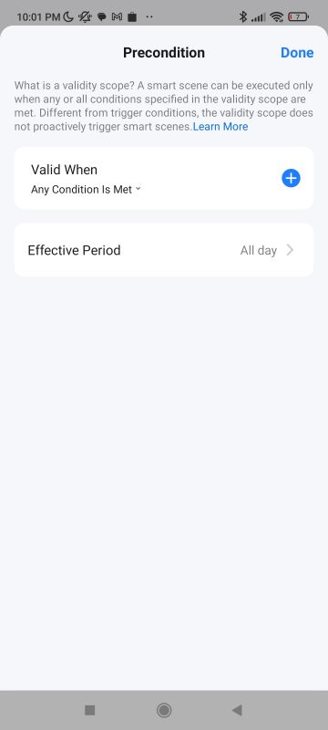 Smart Scene Precondition Settings in App App screen showing precondition settings for a smart scene.