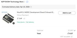 Store checkout screenshot: NiceMCU WB5E board, £5.49, total £8.27, estimated delivery Apr 10, 2026