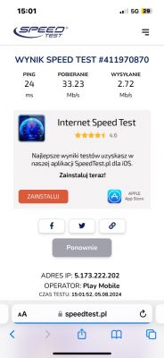 Wynik testu prędkości internetu z aplikacji SpeedTest na telefonie.