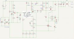 Schemat elektryczny z różnymi komponentami elektronicznymi, w tym rezystorami, diodami, tranzystorem i kondensatorami.