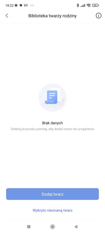 Ekran aplikacji z komunikatem Brak danych w bibliotece twarzy rodziny