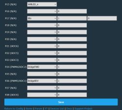 GPIO configuration screenshot: P24 set to BridgeFWD and P26 to BridgeREV, button on P17