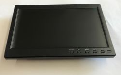 Small black LCD monitor on a white surface, with control buttons along the bottom bezel.