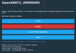 OpenXR872 device control panel with configuration, restart, and web app launch buttons.