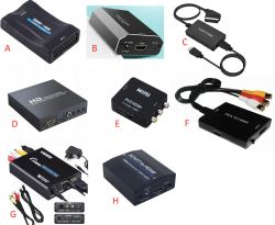 Różne konwertery SCART/RCA na HDMI, oznaczone literami A-H, na białym tle.