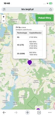Mapa z zaznaczoną lokalizacją BTS Play i listą dostępnych częstotliwości 5G, 4G i 2G