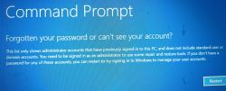 Zrzut ekranu z komunikatem Command Prompt w Windows 10 pytającym o zapomniane hasło lub brak widocznego konta.