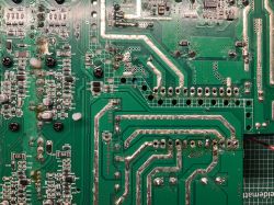 Close-up of an old version of the 4-1300 circuit board, showing electrical traces and components.