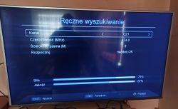Ekran telewizora z ustawieniami ręcznego wyszukiwania kanałów.