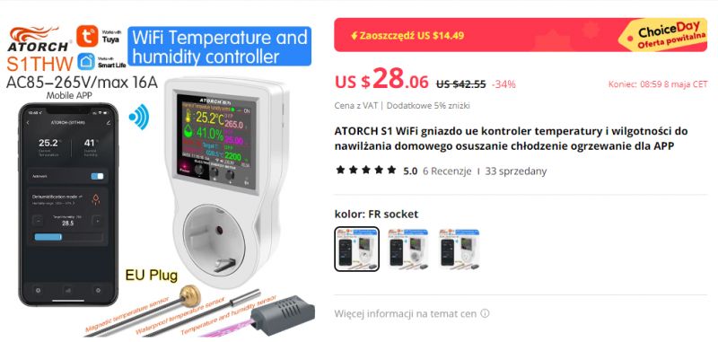 ATORCH S1THW: Energy and Humidity Controller ATORCH S1THW power meter with LCD screen and mobile app.