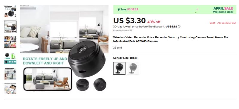 Wireless WiFi A9 Mini Camera for Home Miniature wireless spy camera with a display showing its use in a living room.