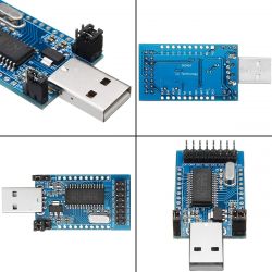 Close-up of the CH341A USB programmer module from various angles.