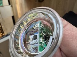 Interior of a GU10 LED showing electronic components.
