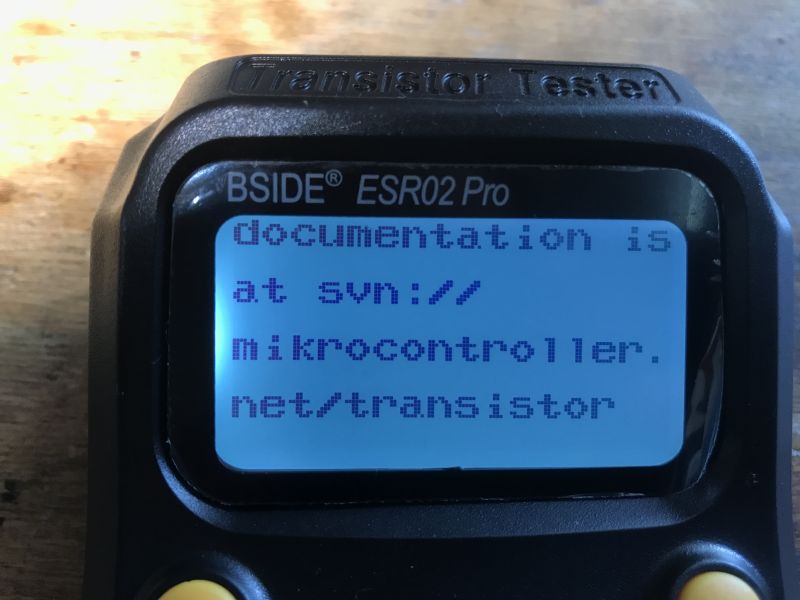Display of the BSIDE ESR02 Pro Tester BSIDE ESR02 Pro component tester with text displayed.