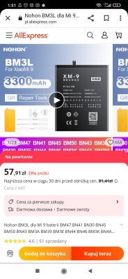 Reklama baterii Nohon BM3L do Xiaomi Mi 9 na AliExpress z obniżoną ceną i zestawem narzędzi.