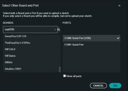 Board and port selection window in Arduino IDE.