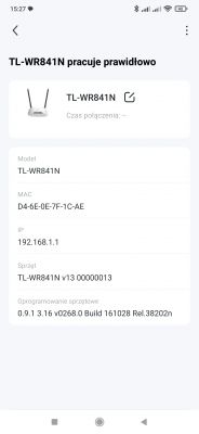 Ekran aplikacji pokazujący status pracy routera TL-WR841N.
