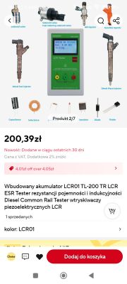 Zdjęcie testera LCR01 wraz z różnymi częściami samochodowymi i elektronicznymi.