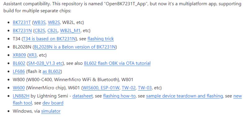 List of compatible chips for OpenBK7231T_App on GitHub.