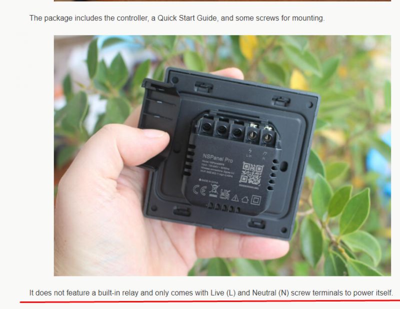 Person holding the back of a Sonoff NSPanel Pro with visible power terminals.