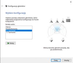 Zrzut ekranu z konfiguracji głośników w systemie Windows, wybrana opcja 5.1 Surround.
