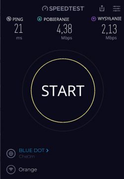 Zrzut ekranu z aplikacji Speedtest pokazujący wyniki testu prędkości internetu.