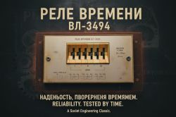 Close-up of Soviet WL-3494 time relay with Russian and English promotional text
